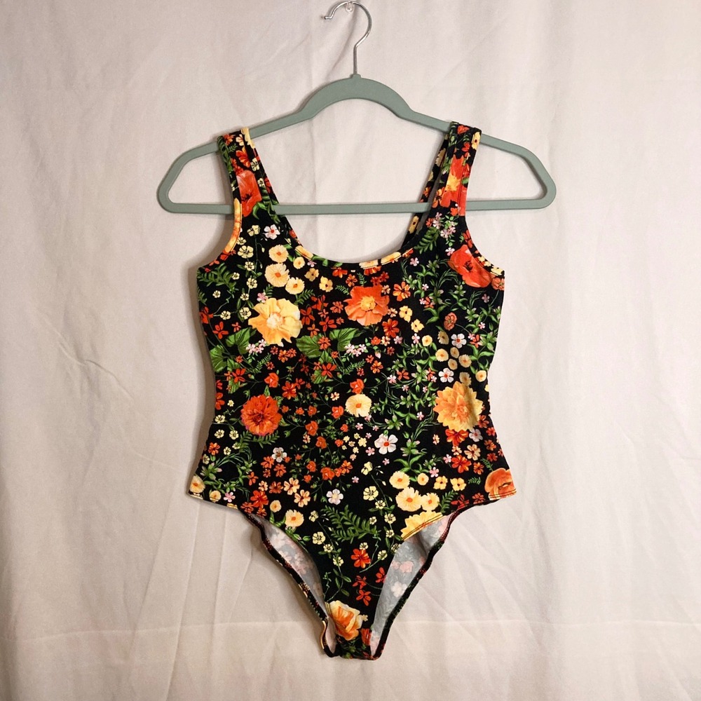Zara Trafaluc Womens Black Floral Scoop Neck Sleeveless Bodysuit M Boho Floral